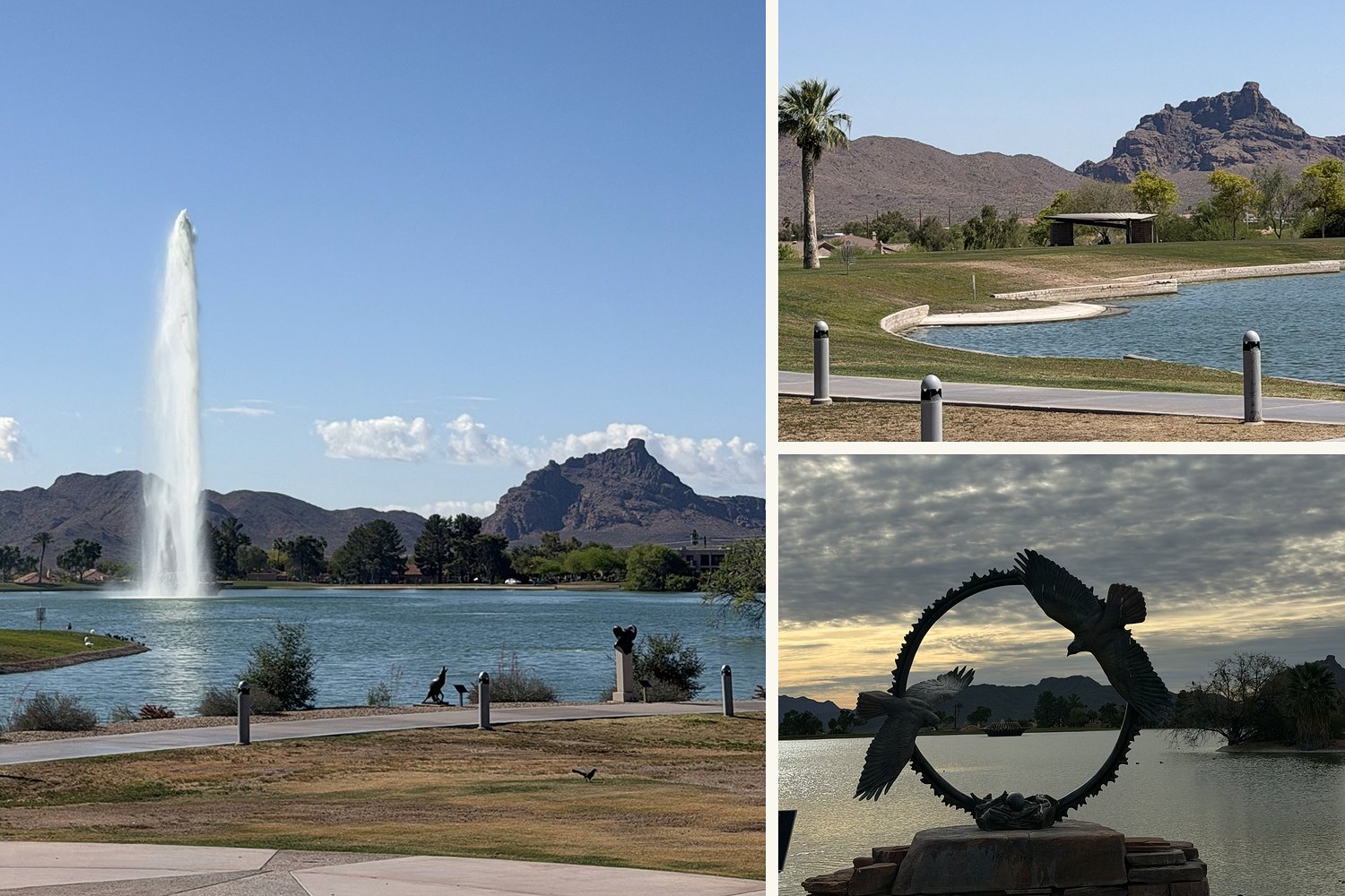 Three views of Fountain Park in Fountain Hills: the fountain with Red Mountain behind it, the lakeside path, and the eagle sculpture at dusk